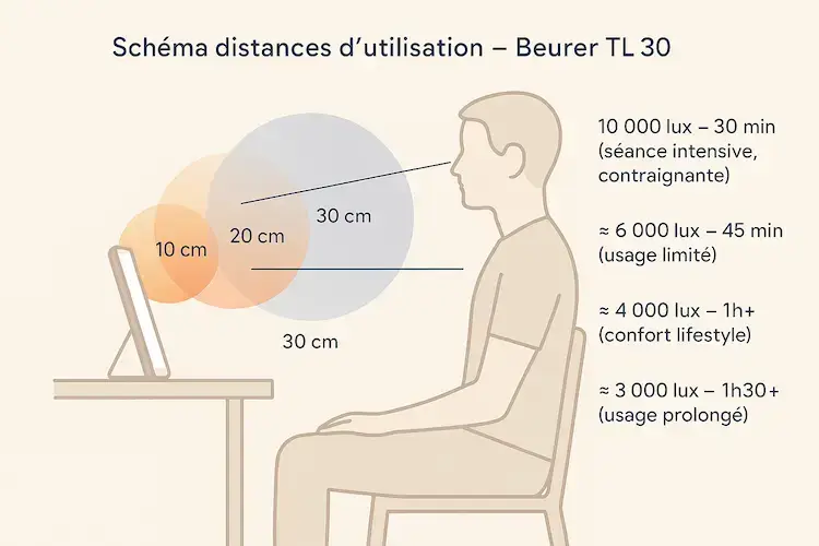 Schéma des distances d’utilisation de la lampe luminothérapie Beurer TL 30 : 10 cm = 10 000 lux (30 min), 20 cm ≈ 6 000 lux (45 min), 30 cm ≈ 4 000 lux (1h+), 40 cm ≈ 3 000 lux (1h30+).