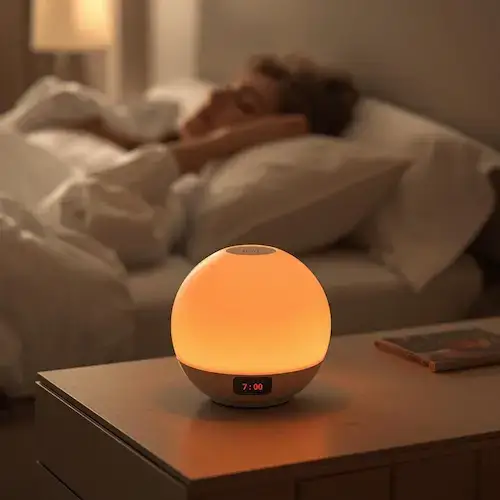 Lampe ronde simulateur d’aube allumée à 7h00, posée sur une table de chevet, avec une personne dormant en arrière-plan