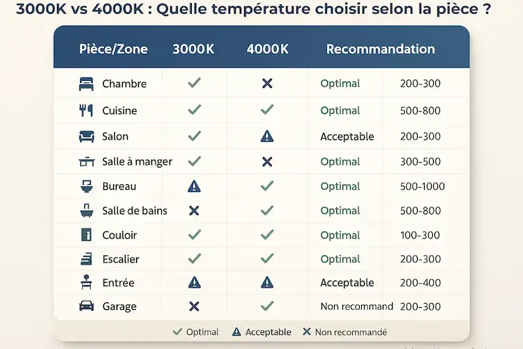 Tableau comparatif 3000K vs 4000K : quelle température de couleur choisir pour la chambre, la cuisine, le bureau, la salle de bains et l’extérieur