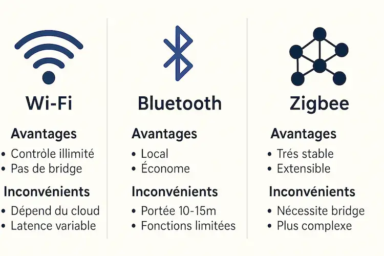 Comparatif des protocoles Wi-Fi, Bluetooth et Zigbee pour lampes connectées : avantages et inconvénients