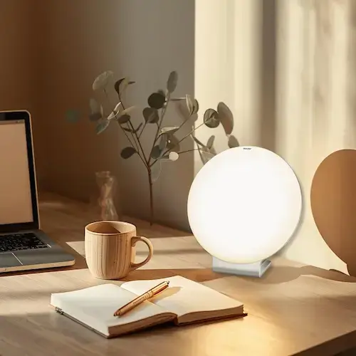 Lampe de luminothérapie Beurer TL 50 allumée sur un bureau en bois clair, à côté d’un carnet, d’une tasse et d’un ordinateur portable — ambiance lumineuse douce et naturelle