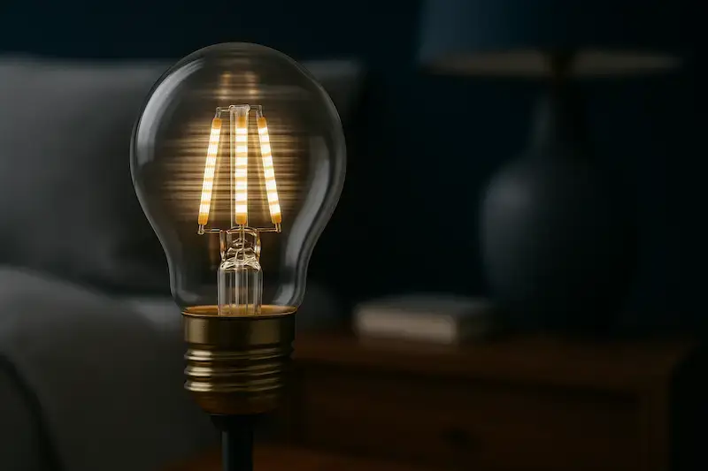 Ampoule LED en gros plan illustrant le scintillement lumineux d’une lampe de chevet bas de gamme dans une chambre sombre.