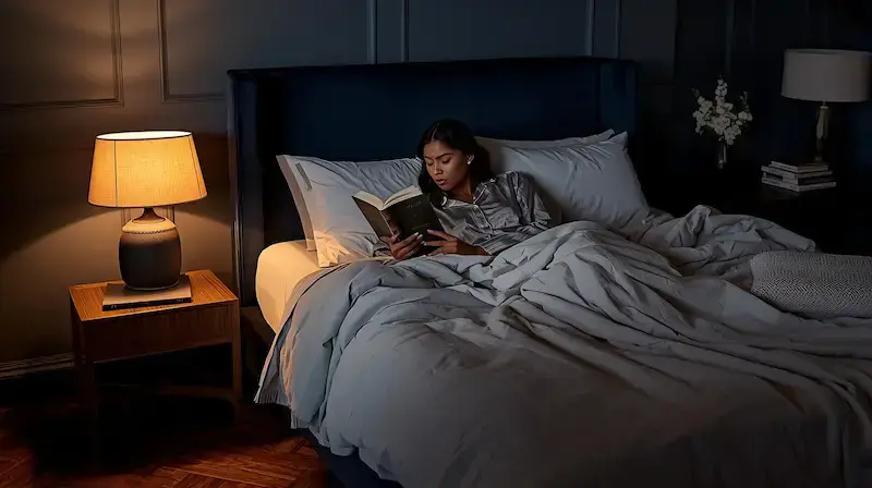 Femme lisant dans son lit à la lumière chaude d’une lampe de chevet proche et bien orientée, créant une ambiance confortable et apaisante.