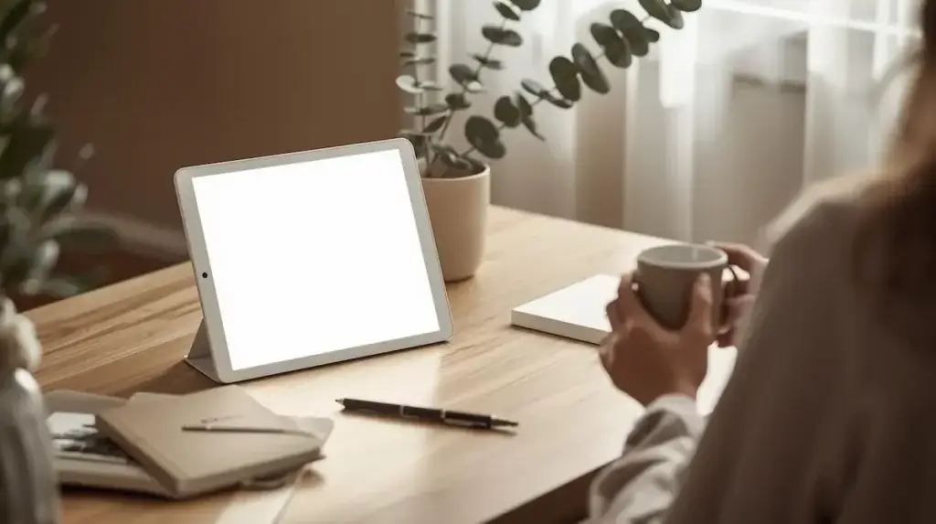Lampe de luminothérapie sur un bureau en bois, lumière blanche Verilux HappyLight Luxe