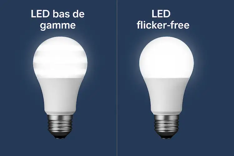 Comparaison entre une LED bas de gamme qui scintille et une LED flicker-free stable.