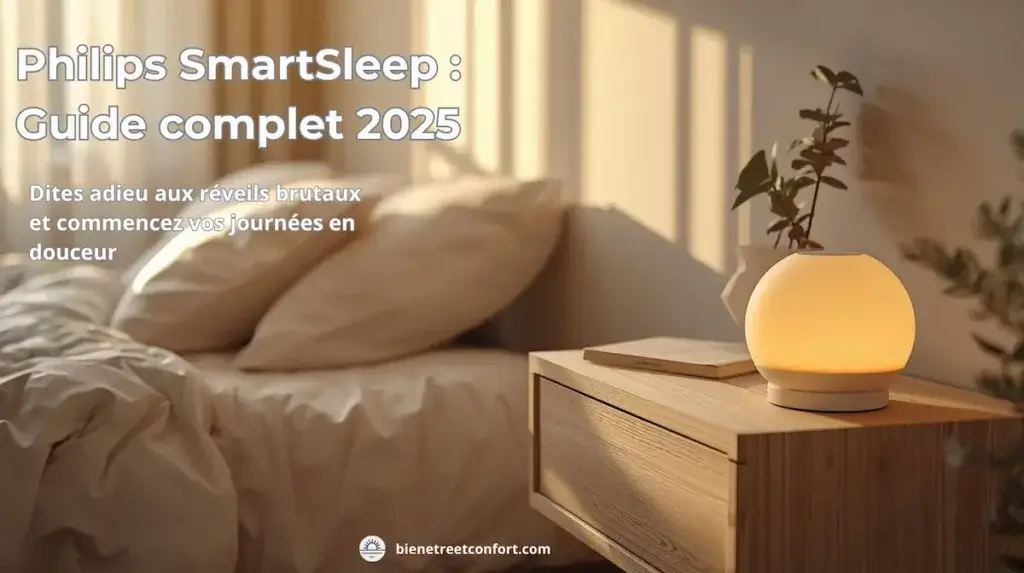 Réveil lumineux Philips SmartSleep sur table de nuit en bois clair, diffusant une lumière douce dans une chambre.