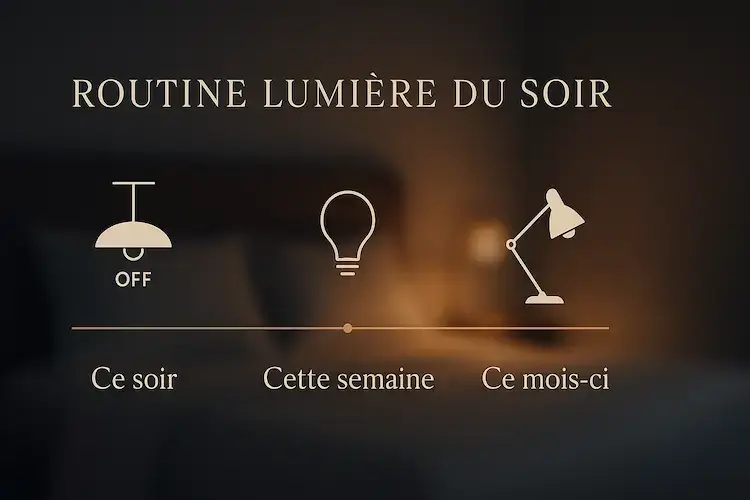 Timeline élégante des actions lumière du soir en trois étapes : plafonnier éteint, variateur de lumière puis lampe de chevet allumée, ambiance douce et apaisante.