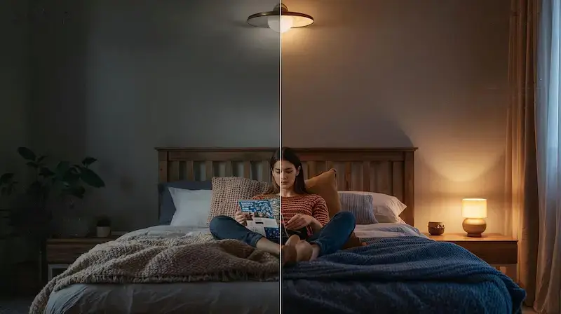 Comparaison d’un éclairage de chambre avant (froid, 4000 K) et après réglage (chaud, 2700 K), montrant l’impact de la température de couleur sur l’ambiance visuelle.