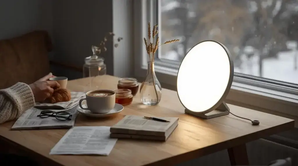 Beurer TL 50 lampe luminothérapie allumée lors d'un petit-déjeuner hivernal avec vue sur neige, usage matinal en hiver