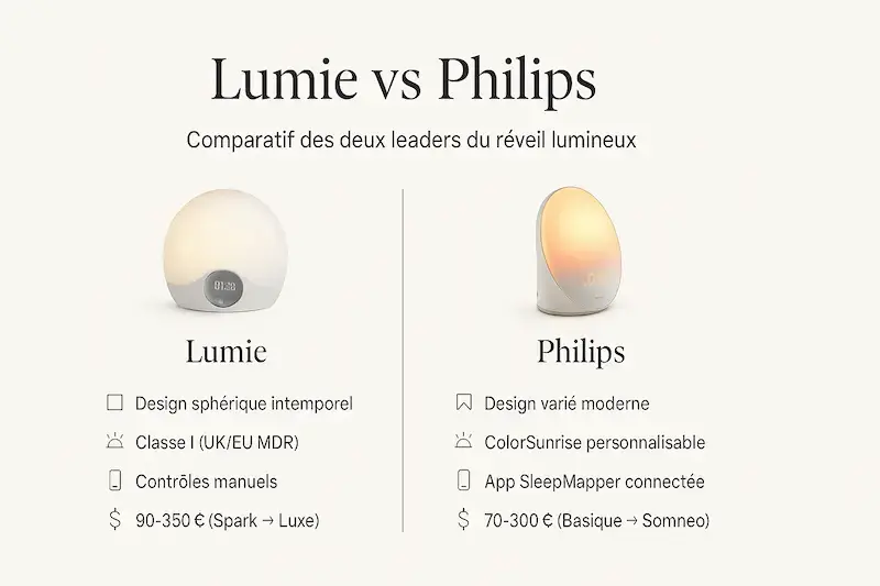 Comparatif Lumie vs Philips : design, fonctionnalités et prix des deux leaders du réveil lumineux