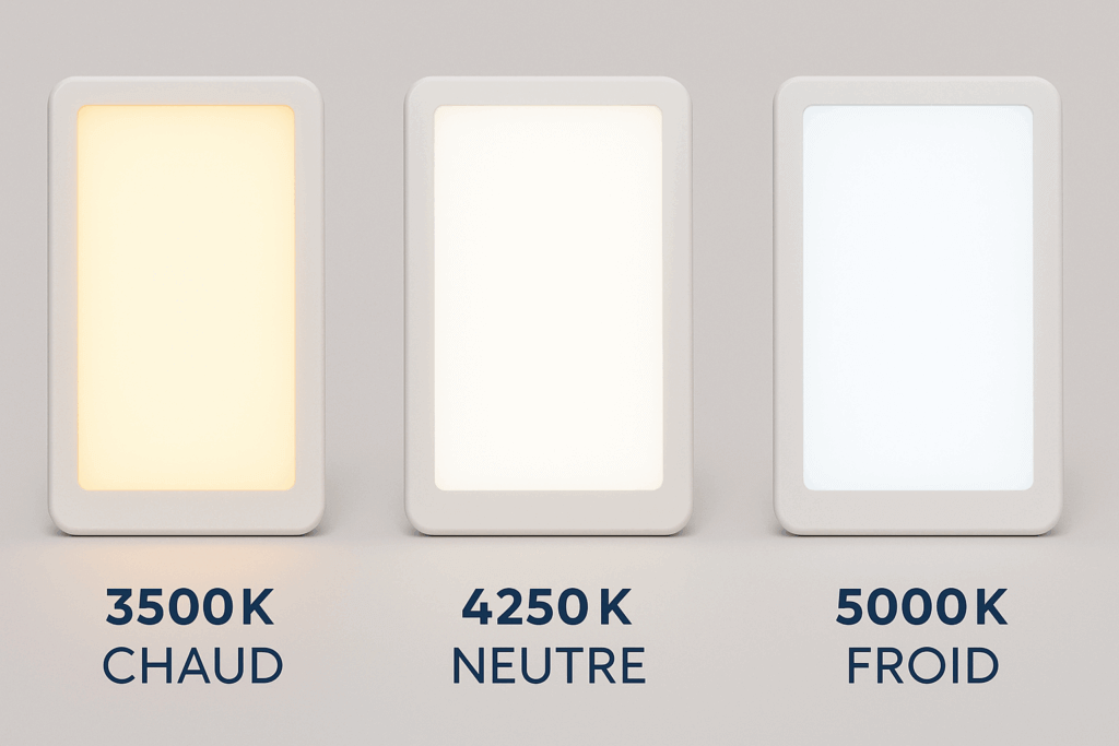 Comparaison visuelle des 3 températures de couleur réglables lampe Verilux HappyLight Luxe 3500K 4250K 5000K