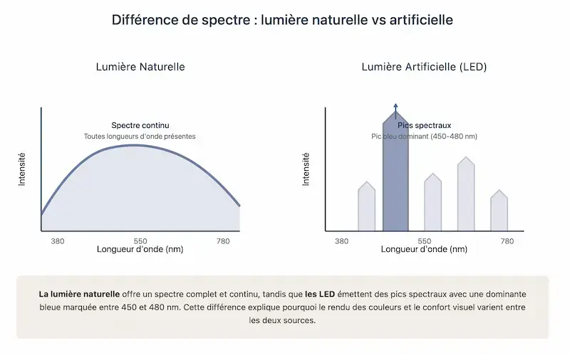 Graphique comparant le spectre continu de la lumière naturelle et les pics bleus des LED artificielles.