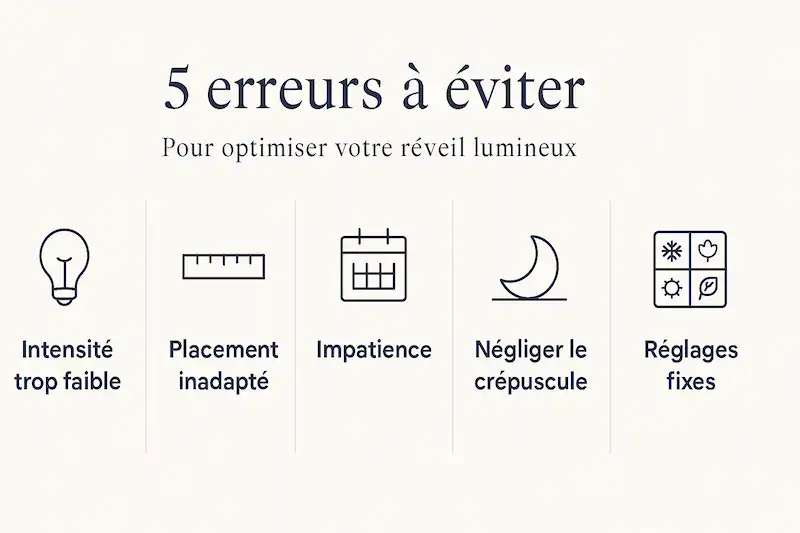 5 erreurs fréquentes avec réveil lumineux Lumie et solutions : intensité, distance, adaptation, crépuscule, réglages