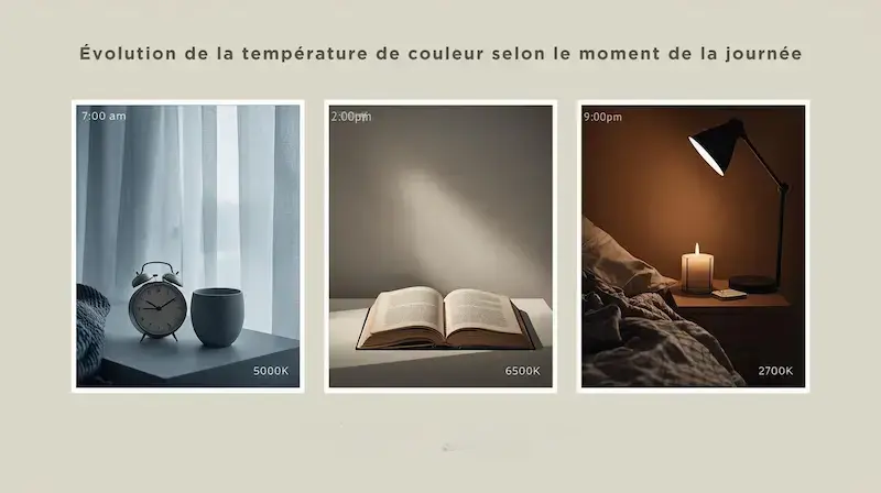 Triptyque illustrant la variation de la lumière naturelle dans une chambre : 5000K matin, 6500K midi, 2700K soir.