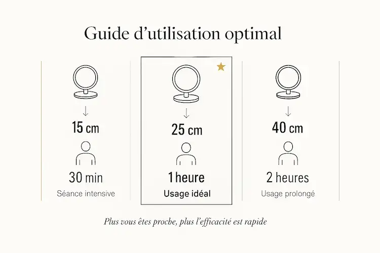 Schéma illustrant la distance et la durée d’exposition idéales pour la lampe de luminothérapie Beurer TL 50 : 15 cm / 30 min, 25 cm / 1 h, 40 cm / 2 h.