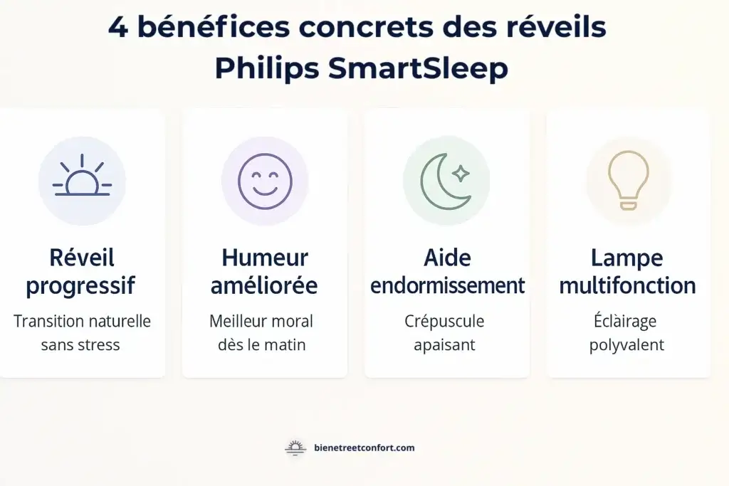 Infographie présentant les 4 bénéfices principaux du réveil SmartSleep : réveil progressif sans stress, humeur améliorée au matin, aide à l'endormissement avec simulation crépuscule, et lampe multifonction polyvalente