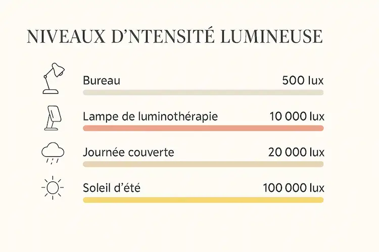 Comparatif des niveaux d’intensité lumineuse : bureau 500 lux, lampe de luminothérapie 10 000 lux, journée couverte 20 000 lux, soleil d’été 100 000 lux.