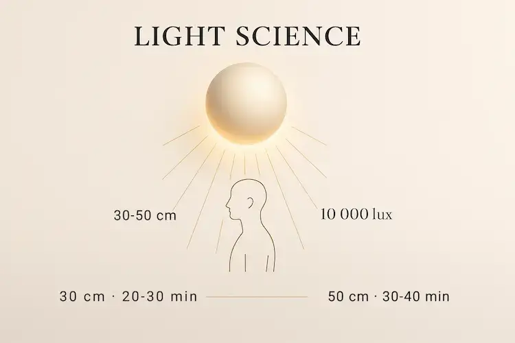 Infographie protocole luminothérapie : distances optimales 30-50 cm, intensité 10 000 lux, durées de séance 20-40 minutes selon la distance