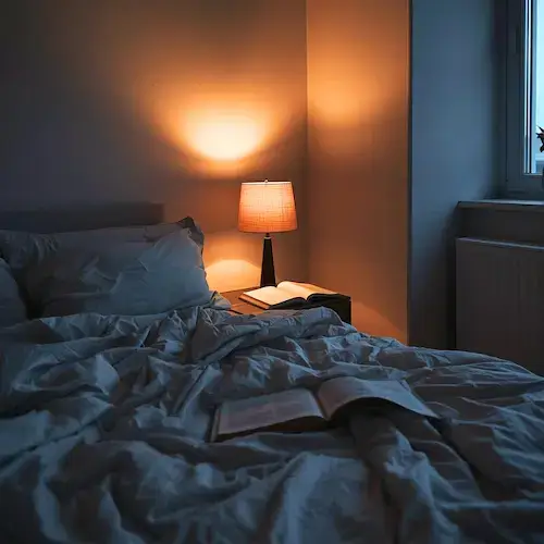 Lampe de chevet diffusant une lumière chaude dans une chambre, illustrant la différence entre IRC et température de couleur.