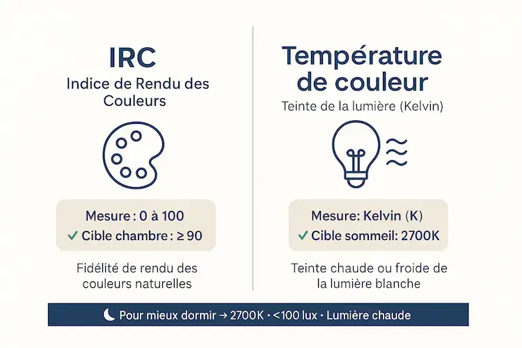 Infographie expliquant la différence entre IRC et température de couleur pour l’éclairage du soir dans une chambre.