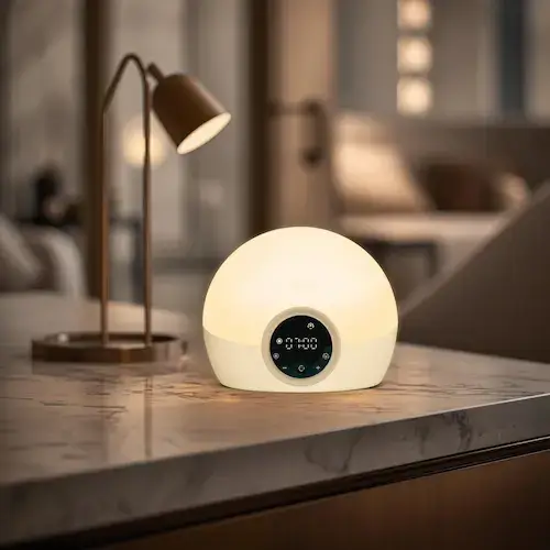 Réveil lumineux Lumie Bodyclock allumé sur une table de chevet, lumière chaude et ambiance apaisante