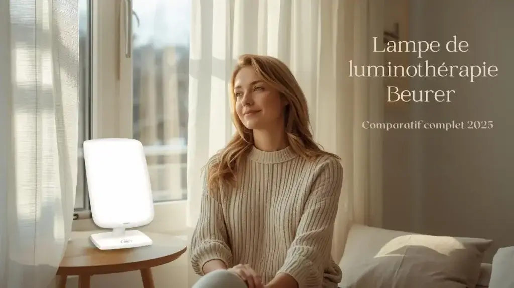 Femme profitant de la lumière d’une lampe de luminothérapie Beurer près d’une fenêtre, dansune ambiance douce et naturelle.