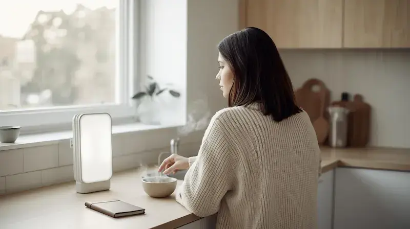 Femme assise dans une cuisine lumineuse utilisant une lampe de luminothérapie Beurer le matin, ambiance naturelle et apaisante.