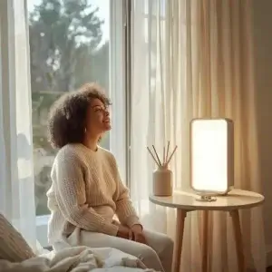 Lampe luminothérapie Beurer : comparatif & guide d’achat 2025 (TL30 à TL100) Femme profitant d’une lampe de luminothérapie dans une chambre lumineuse, ambiance cocooning