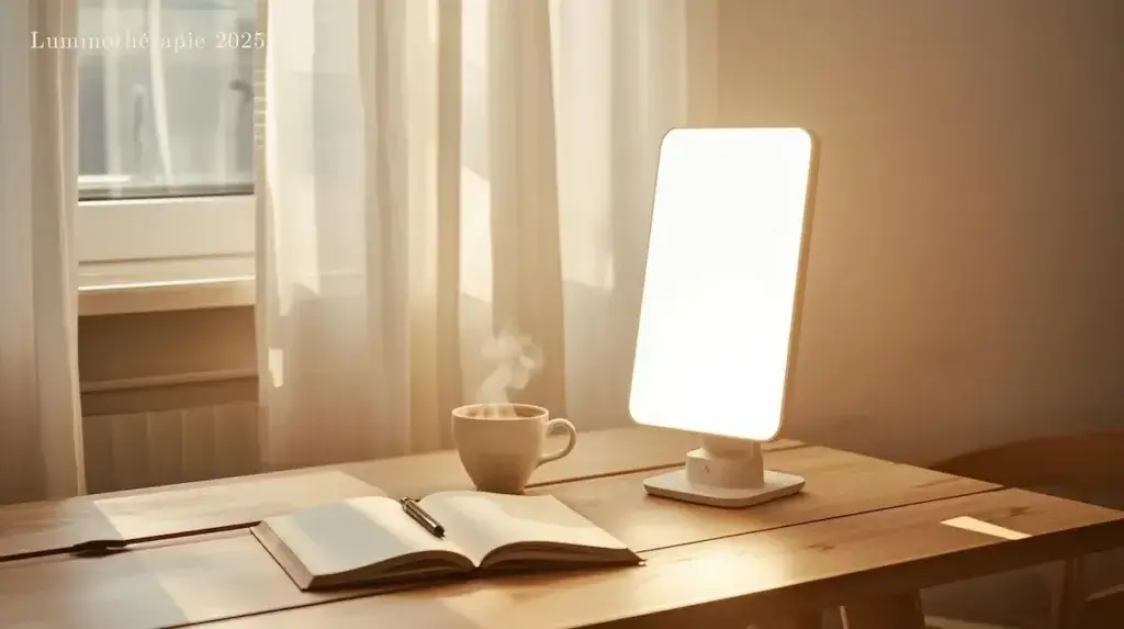 Lampe de luminothérapie allumée sur un bureau en bois avec tasse de café et carnet — ambiance bien-être matinale.