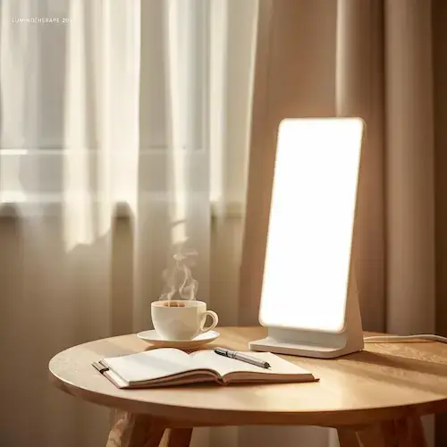 Lampe de luminothérapie allumée sur une table en bois avec carnet et tasse de café — lumière naturelle du matin.