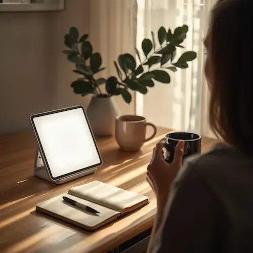 Lampe Verilux HappyLight Luxe allumée sur un bureau en bois, utilisée le matin pour une séance de luminothérapie