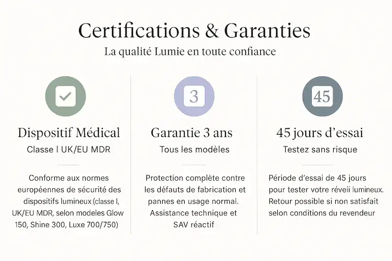 Lumie Bodyclock certifications : dispositif médical Classe I, garantie 3 ans et période d'essai 45 jours 