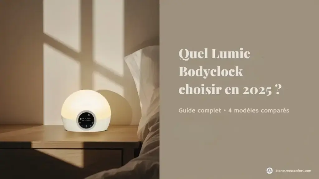 Réveil lumineux Lumie Bodyclock allumé sur table de chevet, lumière chaude – guide comparatif 2025