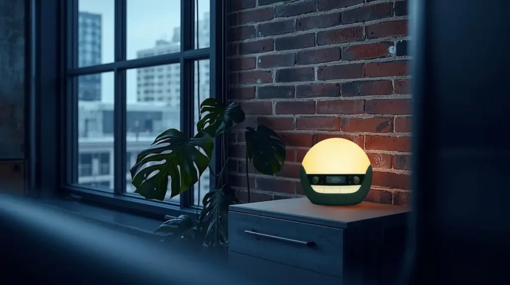 Réveil lumineux Lumie Bodyclock Luxe 750DAB allumé sur table de chevet, dans une chambre au mur de briques style industriel, lumière chaude simulant le lever du soleil.
