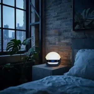 Lumie Bodyclock Luxe 750DAB : avis d'utilisateurs et fiche technique complète Réveil lumineux Lumie Bodyclock Luxe 750DAB posé sur table de chevet, diffusant une lumière chaude dans une chambre au mur de briques, ambiance cosy et urbaine.