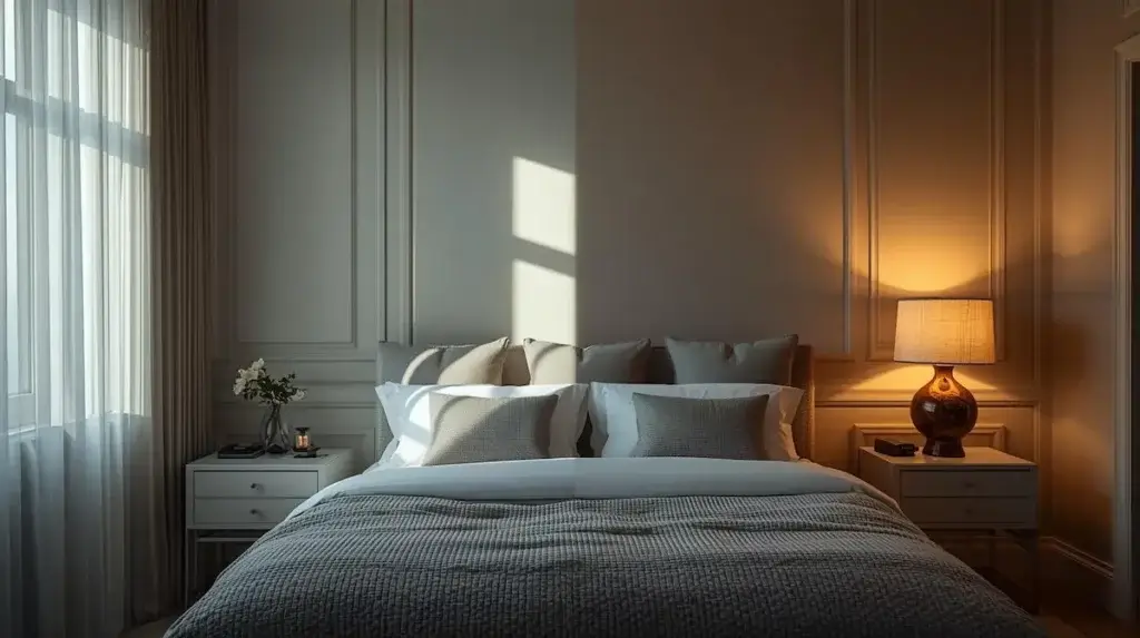 Chambre éclairée moitié par la lumière du jour, moitié par une lampe chaude illustrant la différence entre lumière naturelle et artificielle.