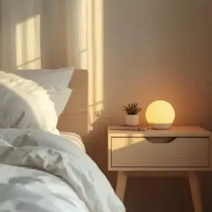 Philips SmartSleep : guide complet de la gamme 2026 Réveil lumineux Philips SmartSleep diffusant une lumière chaude sur une table de nuit en bois clair, à côté d’un lit avec draps blancs.