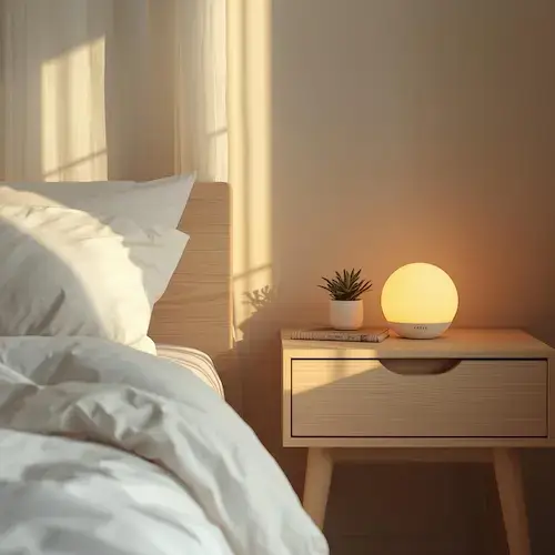 Réveil lumineux Philips SmartSleep diffusant une lumière chaude sur une table de nuit en bois clair, à côté d’un lit avec draps blancs.