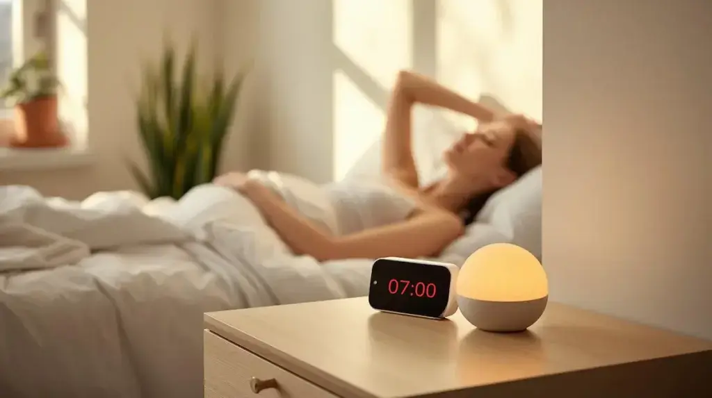 Protocole luminothérapie et réveil lumineux : femme réveillée par la lumière d’aube à 7h00