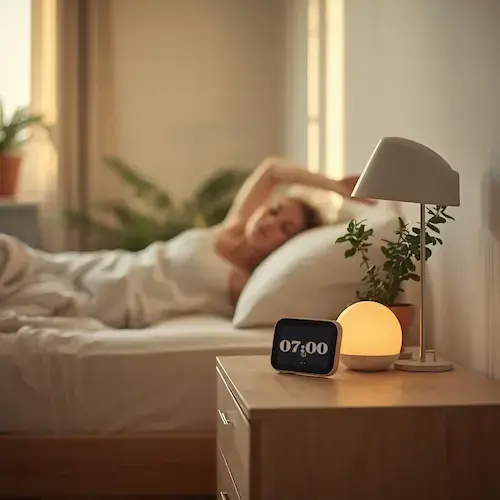 Lampe de luminothérapie et réveil lumineux allumés à 7h00 sur une table de chevet, illustrant le protocole de réveil naturel.