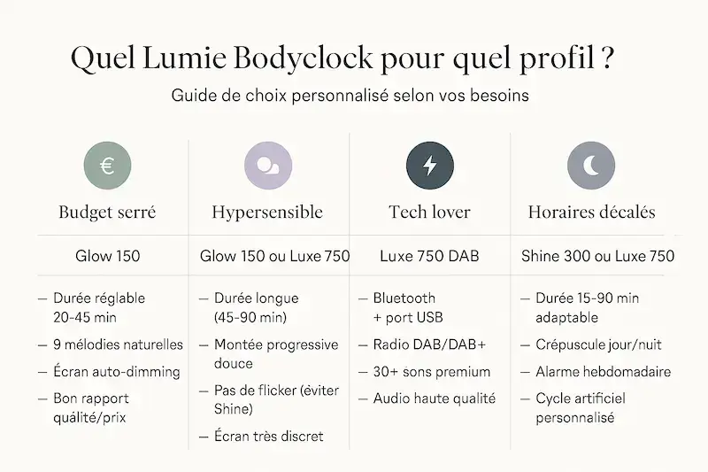 Guide choix Lumie Bodyclock selon profil : budget serré, hypersensible lumière, amateur technologie, horaires décalés