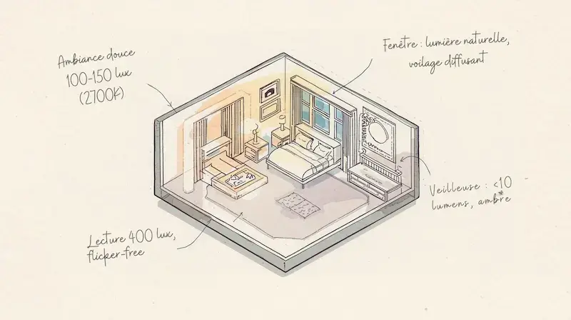 Répartition de la lumière dans une chambre : direction et intensité (en lux)