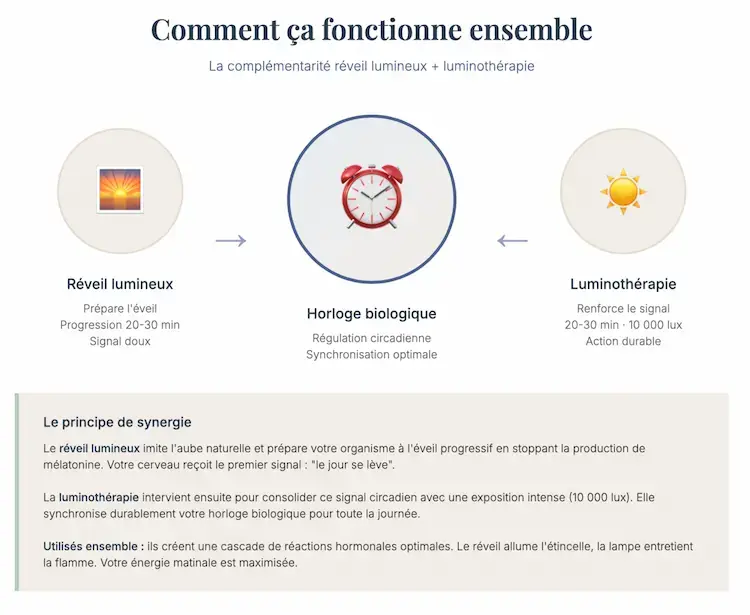 Schéma explicatif synergie réveil lumineux (prépare éveil progressif) et luminothérapie (renforce signal 10000 lux) sur horloge biologique circadienne