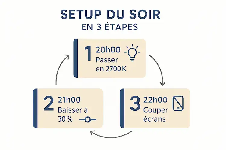 Routine lumineuse du soir en trois étapes : passer en 2700K à 20h, baisser la lumière à 30 % à 21h, couper les écrans à 22h.