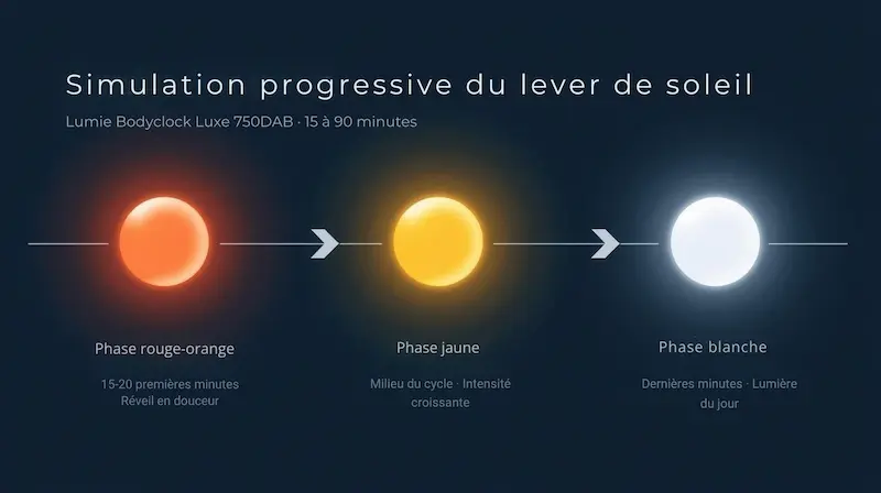 Infographie illustrant la simulation progressive du lever de soleil avec le Lumie Bodyclock Luxe 750DAB : phase rouge-orange, phase jaune, puis lumière blanche pour un réveil naturel et graduel