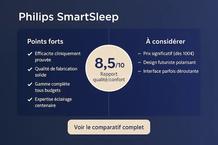 Verdict final Philips SmartSleep avec note 8,5/10 : points forts incluant efficacité prouvée et qualité de fabrication, limites incluant prix significatif et design polarisant