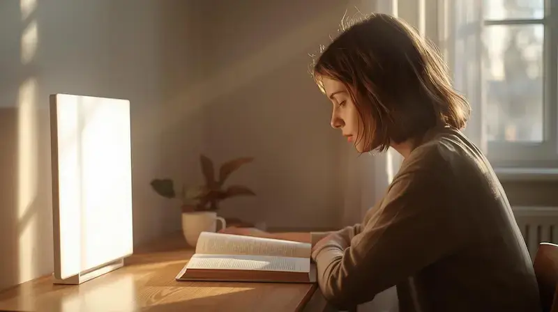 Femme utilisant lampe Verilux HappyLight Luxe pour lecture matinale - position correcte 30cm du visage