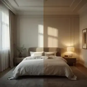 Lumière naturelle vs artificielle : vraies différences et réglages utiles pour bien dormir Chambre divisée entre lumière naturelle et lumière artificielle, illustrant les différences d’éclairage.