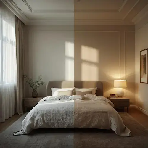 Chambre divisée entre lumière naturelle et lumière artificielle, illustrant les différences d’éclairage.