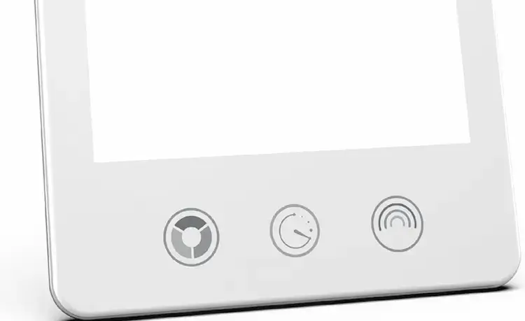 zGros plan boutons tactiles lampe Verilux HappyLight Luxe avec icônes power intensité température